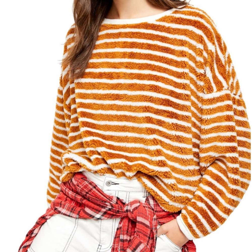 Free People Striped Fuzzy Crewneck Sweater in White and Mustard